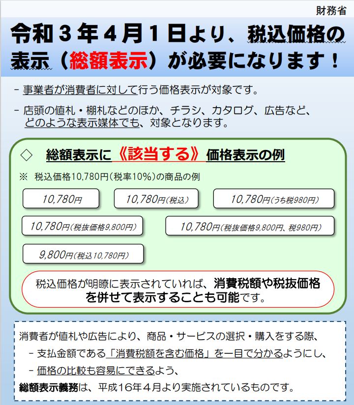 令和3年4月1日より消費税の総額表示が義務化されます 価格表の修正はお済みですか